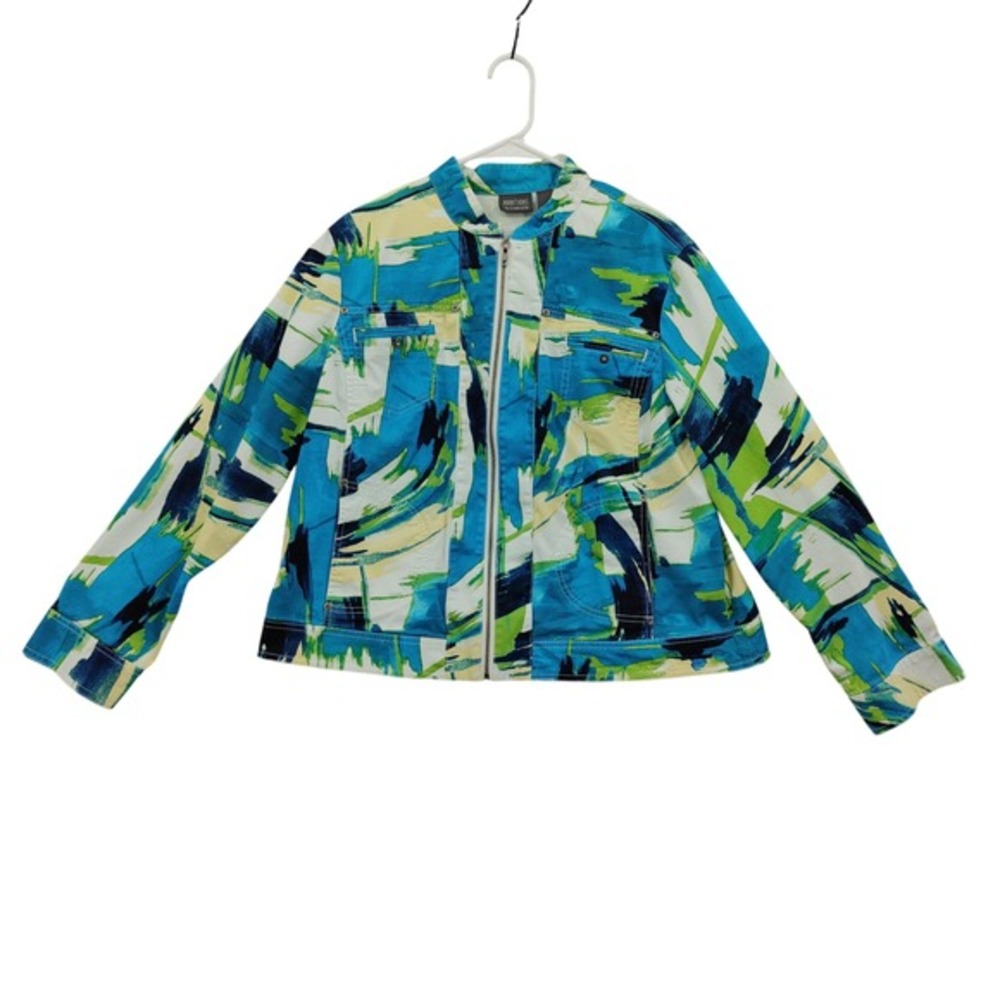 Chicos Womens Artistic Abstract Brushstroke‎ Eclectic Zip Jacket 3 XL Blue Green